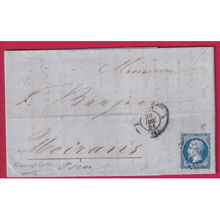 N°14 PICQUAGE SUSSE LYON BUREAU A 1861 POUR MOIRANS ISERE LETTRE FRANCE