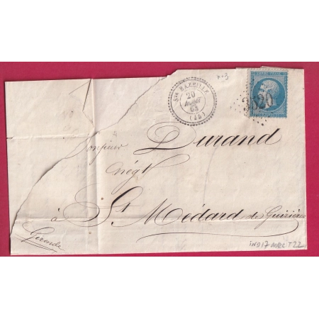 N°22 GC 3520 STE BAZEILLE CAD TYPE 22 RARE INDICE 17 POUR ST MEDARD GIRONDE LETTRE COVER FRANCE