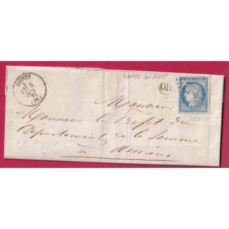 N°60 GC 1122 CONTY SOMME OR NAMPS AU MONT POUR AMIENS LETTRE COVER FRANCE