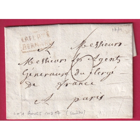 MARQUE ENCADREE LA FERTE ST BERNARD EN ROUGE LENAIN N°1 INDICE 17 SARTHE POUR PARIS 1771 LETTRE FRANCE