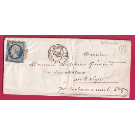 N°14 PC 3318 TARASCON ARIEGE BOITE RURALE D SIGUER POUR  CHAYEAU DE FALGA REVEL HAUTE GARONNE 1855 LETTRE FRANCE