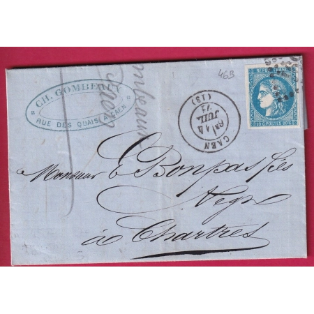N°46B TTB GC CAEN CALVADOS POUR CHARTRES EURE ET LOIRE LETTRE FRANCE