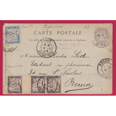 N°107 EVREUX EURE 1903 TAXE A 8C 1C DUVAL INTERPANNEAU ROUEN SEINE INFERIEURE CARTE POSTALE FRANCE