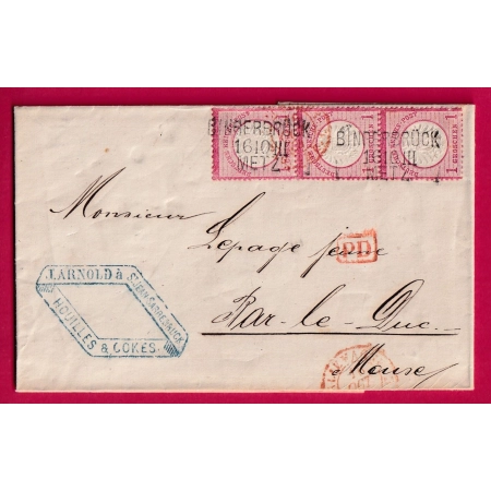 ALSACE LORRAINE BINGERBRUCK METZ AMBULANT ST JEAN SARREBRUCK MOSELLE 1874 POUR BAR LE DUC MEUSE LETTRE FRANCE