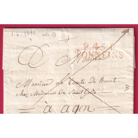 MARQUE P45P TONNEINS EN ROUGE LOT ET GARONNE 1818 POUR AGEN INDICE 13 LETTRE FRANCE
