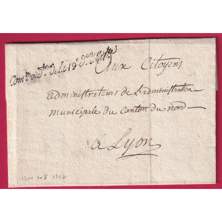 FRANCHISE COMMISSAIRE ORDteur 19 EME DIVISION MILITAIRE CHARMAT LYON RHONE 1797 POUR LYON AN5 LETTRE COVER