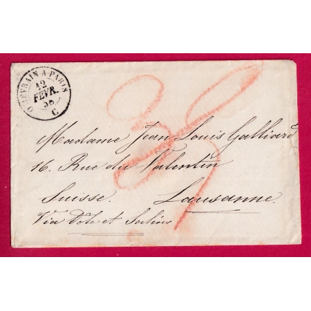 AMBULANT QUIEVRAIN A PARIS 1858 TAXE SUISSE ROUGE 35 AU CRAYON POUR LAUSANNE LETTRE COVER
