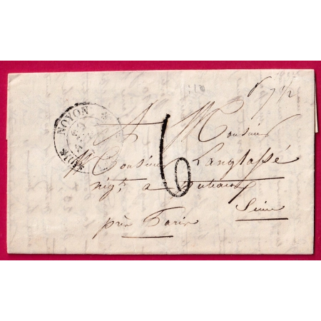 CAD TYPE 11 NOYON OISE TAXE TAMPON 6 POUR PUTEAUX PRES PARIS 1837 LETTRE COVER