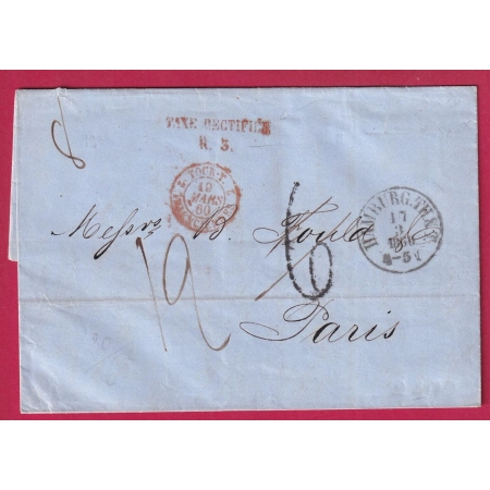 GRIFFE TAXE RECTIFIEE R3 3EME RAYON 6 TAMPON PUIS 12 HAMBOURG ALLEMAGNE POUR PARIS 1860  LETTRE COVER