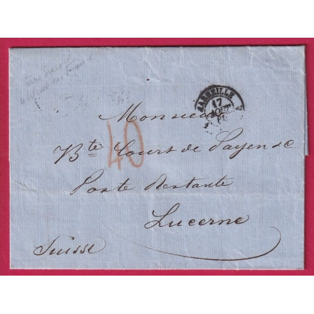 TAXE TAMPON 40 EN ROUGE SUISSE DE LUCERNE DEPART MARSEILLE 1860 BOUCHES DU RHONE LETTRE COVER