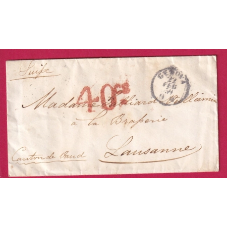 TAXE TAMPON 40 EN ROUGE SUISSE LAUSANNE DEPART GENES GENOVA 1859 ITALIE ITALIA LETTRE COVER