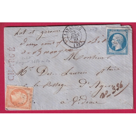 N°14 16 PC 1674 LAVARDAC LOT ET GARONNE 1861 LETTRE CHARGE POUR AGEN COVER