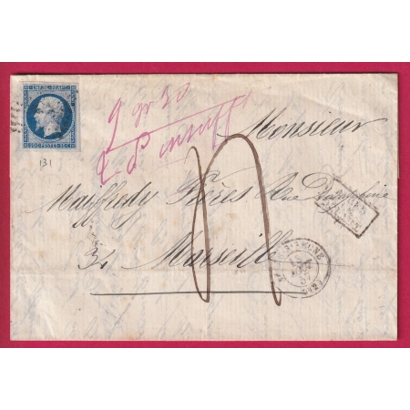 N°14 PC 131 ARLES BOUCHES DU RHONE TAXE 4 MANUSCRIT MENTION POIDS 9GR30 POUR MARSEILLE LETTRE COVER
