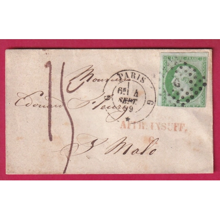 N°12 PARIS G 60 G GRIFFE AFFR INSUFF G EN ROUGE TAXE MANUSCRITE 15 ST MALO ILLE ET VILAINE MIGNONNETTE LETTRE COVER