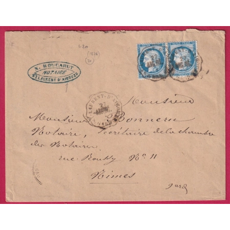 N°60 PAIRE CONVOYEUR STATION S LAURENT D'AIGOUZE POUR NIMES RARE INDICE 21 LETTRE COVER