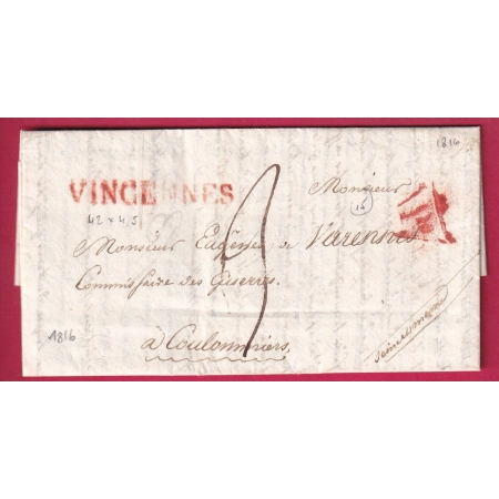 MARQUE VINCENNES EN ROUGE 42X4.5 1816 EN ROUGE SEINE + P DE PARIS POUR COULOMMIERS SEINE ET MARNE LETTRE COVER