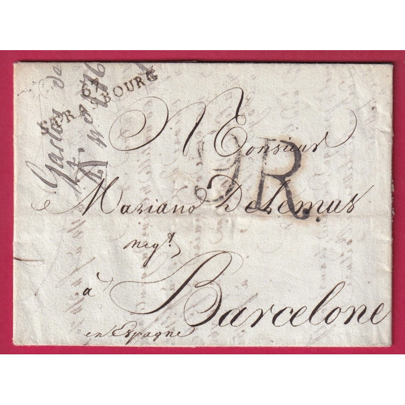 MARQUE 67 STRASBOURG BAS RHIN 1806 TAXE ESPAGNOLE 9 REALS POUR BARCELONE ESPAGNE  LETTRE COVER