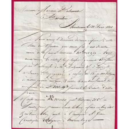 MARQUE 67 STRASBOURG BAS RHIN 1806 TAXE ESPAGNOLE 9 REALS POUR BARCELONE ESPAGNE  LETTRE COVER