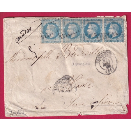 N°29 DEUX PAIRES DE TEINTES DIFFERENTES GC 1847 ISSOUDIN INDRE POUR LE HAVRE AU DOS GRIFFE INCONNUE ROUGE LETTRE COVER