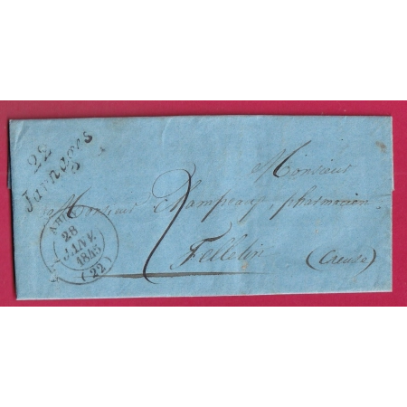 CURSIVE 22 JARNAGES EN NOIR TYPE 14 AHUN 1845 FELLETIN INDICE 13 LETTRE PAPIER BLEU COVER FRANCE