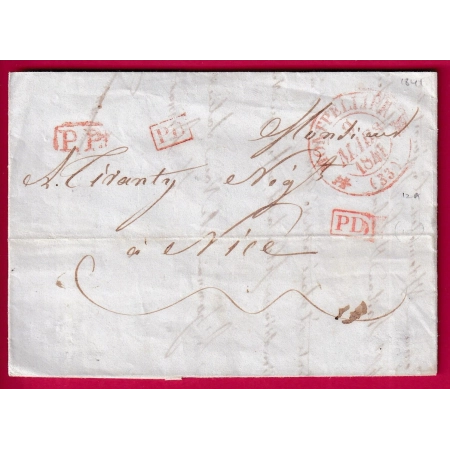 CAD  TYPE 12 EN ROUGE + PP ROUGE MONTPELLIER HERAULT POUR NICE ETATS SARDE 1841 NIZZA AU DOS VIA AIX LETTRE FRANCE