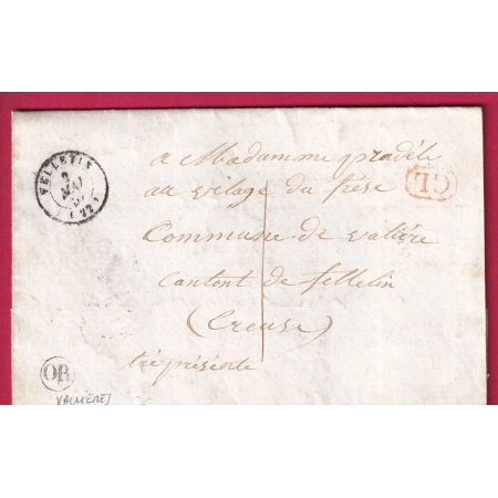 CAD TYPE 15 FELLETIN CREUSE TAXE LOCALE 1 CL ROUGE OR VALLIERES 1857 LETTRE REUTILISEE AUBUSSON FRANCE