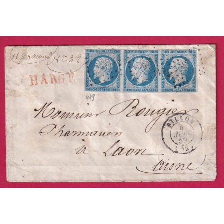 N°14 BANDE DE TROIS PC 398 BILLOM PUY DE DOME LETTRE CHARGE POUR LAON AISNE FRANCE