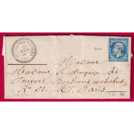 N°22 GC 3226 STE COLOMBE S L'HERS AUDE CAD TYPE 22 POUR PARIS LETTRE FRANCE