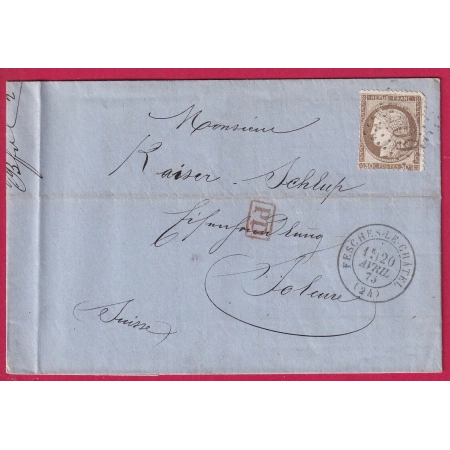 N°56 GC 6043 FESCHES LE CHATEL DOUBS POUR SOLEURE SUISSE 1873 LETTRE FRANCE ETIQUETTE PUB
