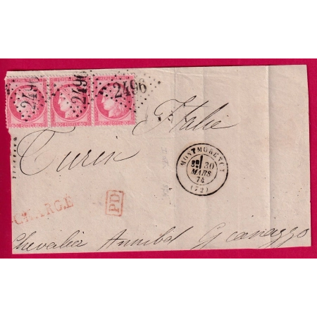 N°57 BANDE DE TROIS GC 2496 MONTMORENCY SEINE ET OISE DEVANT DE LETTRE CHARGE TURIN ITALIE ITALIA FRANCE