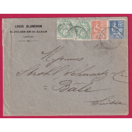 N°111 117 118 MIXTE BLANC MOUCHON ST JULIEN ALBAN ARDECHE POUR BALE SUISSE 1902 LETTRE FRANCE