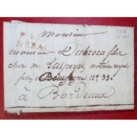 MARQUE P45P NERAC LOT ET GARONNE 1819 POUR BORDEAUX LETTRE COVER
