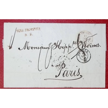 MARQUE TAXE RECTIFIEE R3 SEVILLA ESPAGNE SPAIN 1858 POUR PARIS 3EME RAYON LETTRE COVER