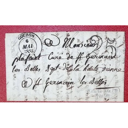 CAD TYPE 14 GOUZON CREUSE 1853 BOITE RURALE D PARSAT POUR ST GERMAIN LES BELLES LETTRE COVER