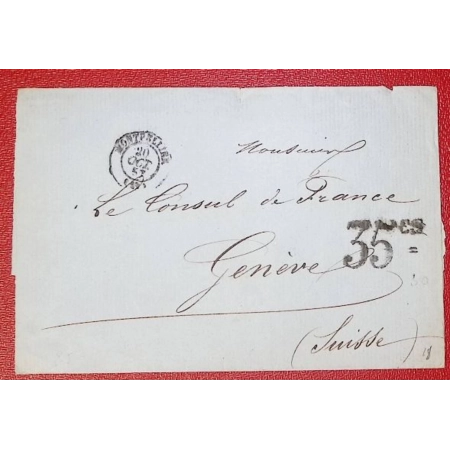 CAD TYPE 15 MONTPELLIER HERAULT TAXE SUISSE TAMPON 35 cs POUR GENEVE 1857 LETTRE COVER