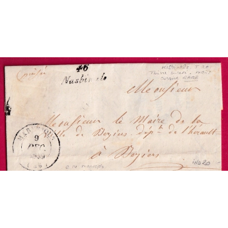 CURSIVE 46 NASBINALS LOZERE RARE INDICE 20 MARQUE 20C NOIR 1849 BEZIERS HERAULT LETTRE COVER