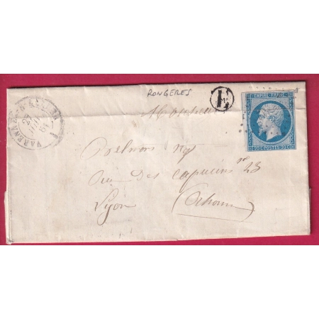 N°14 PC 3492 VARENNES SUR ALLIER BOITE RURALE E RONGERES POUR LYON LETTRE COVER