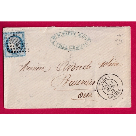 N°60 GC 4042 CAD TYPE 18 TULLE CORREZE POUR BEAUVAIS OISE LETTRE COVER