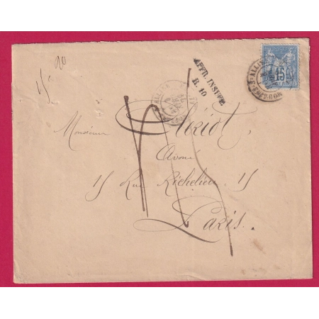 N°90 MOULINS ALLIER GRIFFE AFFR INSUFF R10 PARIS TAXE 45 MANUSCRIT 10EME RAYON AU DOS LETTRE COVER