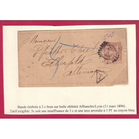BANDE JOURNAL TAXEE CAD AFRANCHISSEMNT LYON 1890 TAXE 5 PF ELBERFELD ALLEMAGNE LETTRE COVER