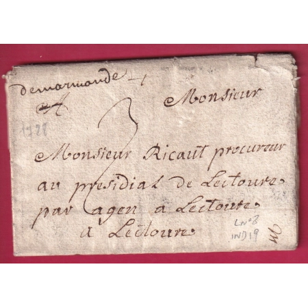 MARQUE MANUSCRIT DE MARMANDE LOT ET GARONNE 1728 POUR LECTOURE GERS INDICE 19 LENAIN N°8 LETTRE COVER FRANCE