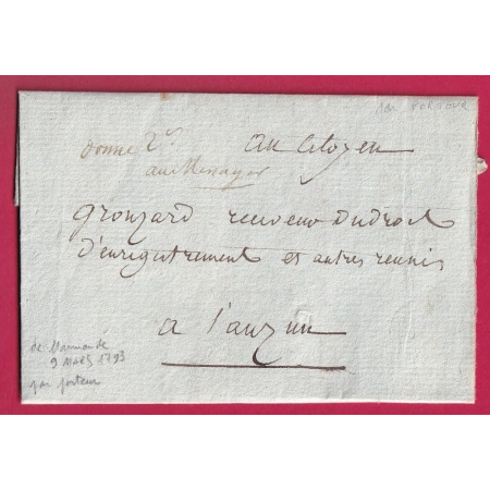 LETTRE PAR PORTEUR MARMANDE LOT ET GARONNE 1793 MENTION DONNER 2 SOLS AU MESSAGER POUR AUZUN LETTRE COVER FRANCE