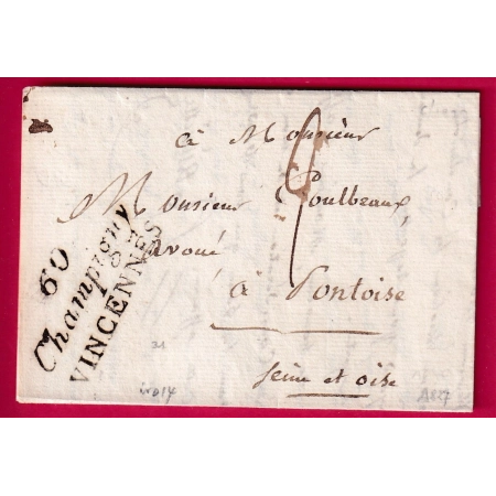DOUBLE CURSIVE 60 CHAMPIGNY VINCENNES SEINE POUR PONTOISE 1827 AU DOS MARQUE BANLIEUE IND 14 LETTRE COVER FRANCE