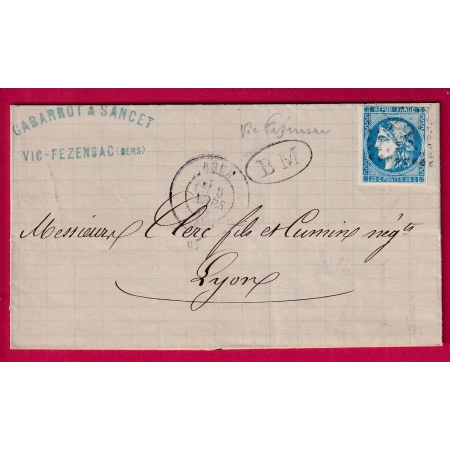 N°46B GC 12 AGEN LOT ET GARONNE BOITE MOBILE BM VIC FEZENSAC GERS POUR LYON LETTRE COVER
