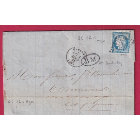 N°60 CAD TYPE 16 GABARET LANDES BOITE MOBILE BM BARBASTE TONNEINS LOT ET GARONNE POUR AGEN LETTRE COVER