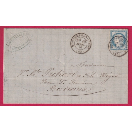 N°60 CAD TYPE 17 MONSEMPRON LIBOS LOT ET GARONNE POUR BORDEAUX LETTRE COVER