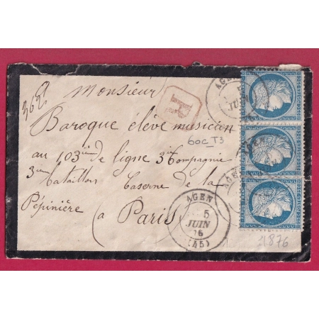 N°60 PAIRE + UN CAD TYPE 17 AGEN LOT ET GARONNE POUR PARIS POSTE RESTANTE LETTRE COVER