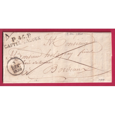 MARQUE P45P CASTELJALOUX LOT ET GARONNE POUR BORDEAUX 1830 INDICE 14 LETTRE COVER FRANCE