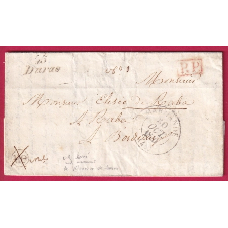 CURSIVE 45 DURAS PP ROUGE OR DE VILLENEUVE DE DURAS LOT ET GARONNE POUR BORDEAUX LETTRE COVER FRANCE