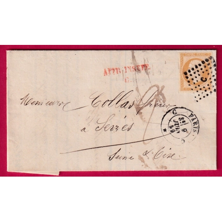 N°13 TTB PARIS BUREAU C 1859 RARE AFFR INSUFF C EN ROUGE POUR SEVRES SEINE ET OISE LETTRE FRANCE
